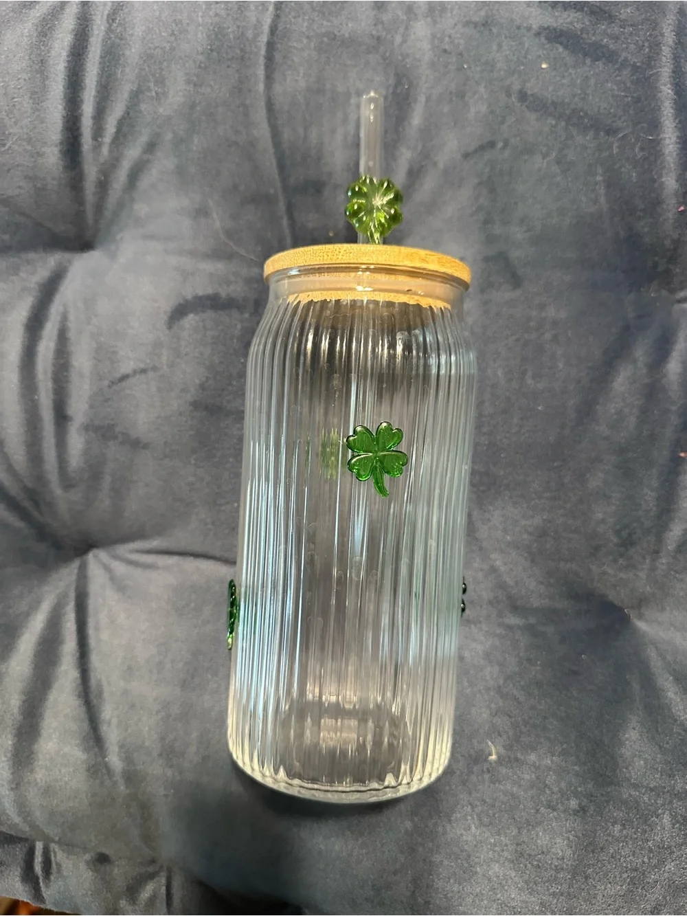 Ribbed Glass Tumbler with Green Clover Accents